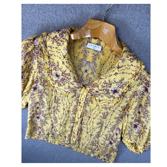 Sandro Paris Martha Floral Claudine Collar Shirt Yellow Top Size 2 Linen Blend - Picture 1 of 14